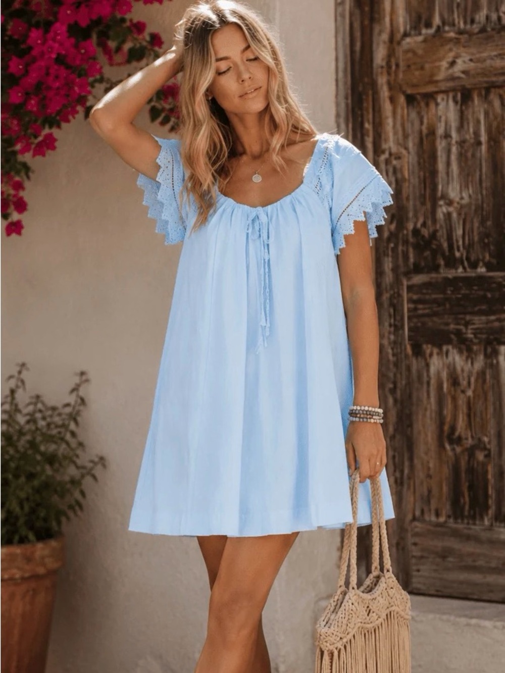 A723. Mable Light Blue Flutter Sleeve Summer Dress
